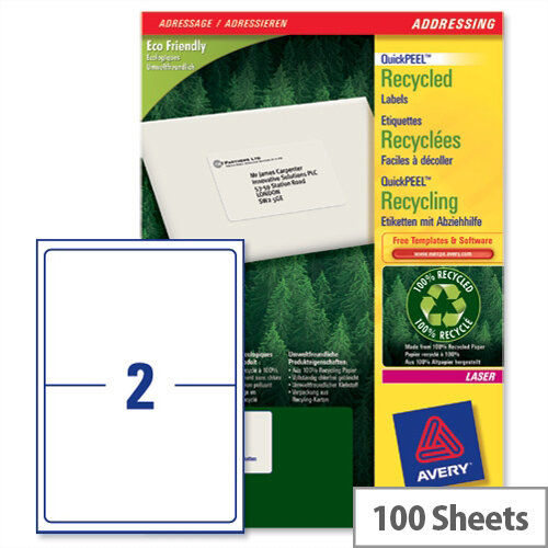 Avery LR7168-100 Laser Labels 2 per Sheet Recycled 199.6 x 143.5mm 200 Labels