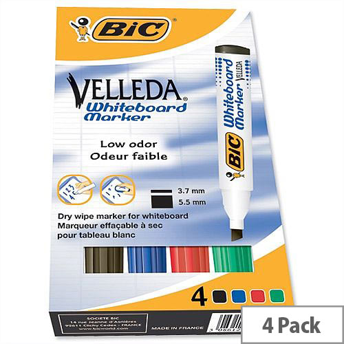 Bic Velleda Whiteboard Marker Chisel Tip Assorted Colours Pack 4