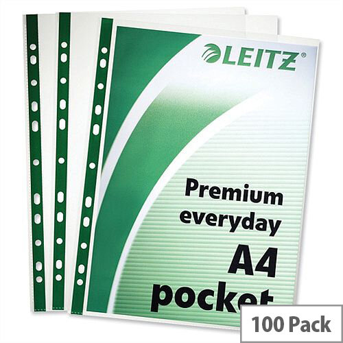 Leitz Punched Pockets Green Strip A4 Clear 70 Micron Pack 100 Leitz Punched Pockets Green Strip A4 Clear 70 Micron Pack 100