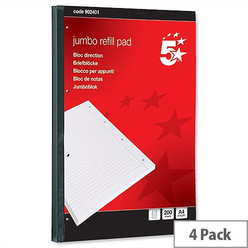 Jumbo A4 Refill Pad Sidebound with Margin 4 Hole Punched 200 Sheets Pack 4 5 Star