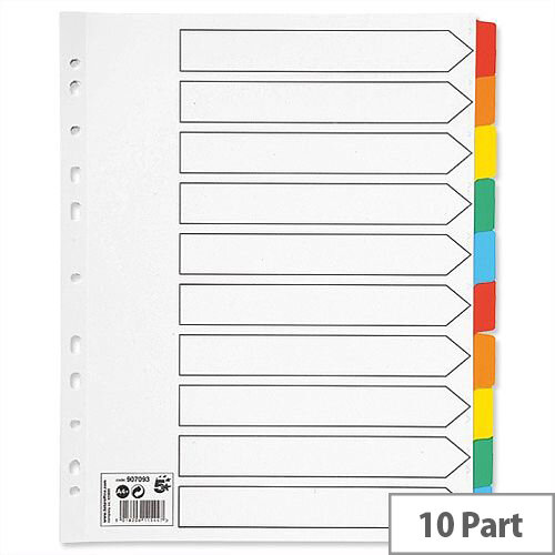 10 Part Extra Wide Index Dividers With Coloured Tabs A4 White 5 Star Eco-Friendly, Wide Tabs, Multi-Punched, Mylar Reinforcement, Durable & Colour-Coded