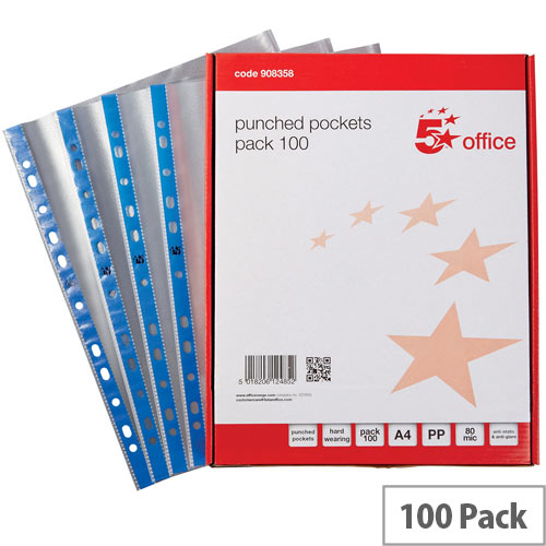 5 Star Punched Pocket Blue Strip Top-opening A4 60 Micron Clear Pack 100