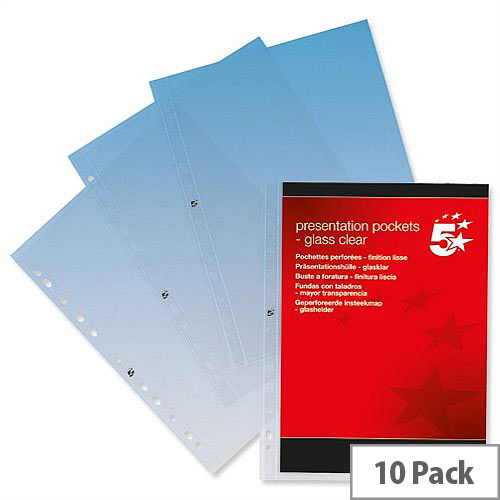 A4 Presentation Punched Pocket Polypropylene Top-opening 90 Micron Glass Clear Pack 10 5 Star Elite