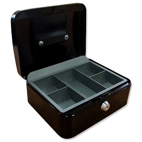 5 Star Key Lock Cash Box Large 12 Inch 300x240x70mm Anthracite Black 5 Coin Compartments