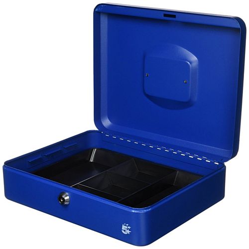 5 Star Key Lock Cash Box Large 12 Inch 300x240x70mm Blue 5 Coin Compartments