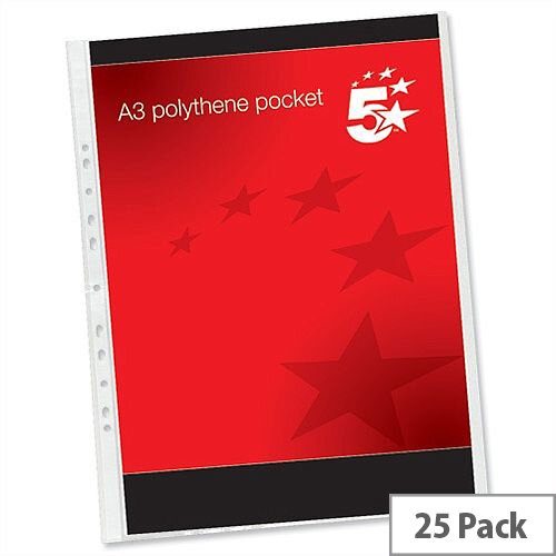 A3 Plastic Punched Pockets Portrait 120 Micron Pack 25 5 Star