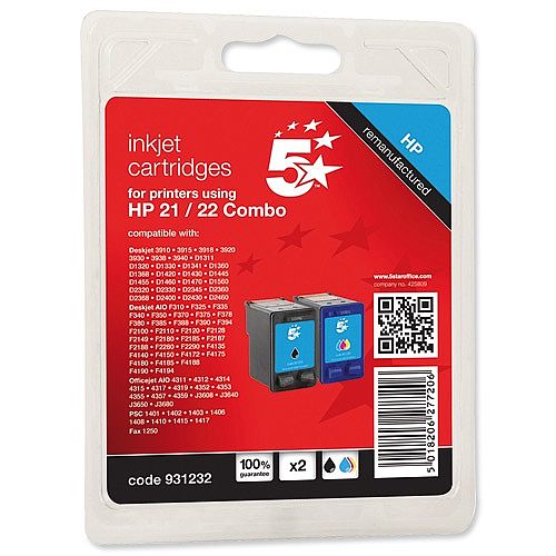 HP 21 and 22 Compatible Black and Colour Ink Cartridge SD367AE 5 Star HP 21 and 22 Compatible Black and Colour Ink Cartridge SD367AE 5 Star