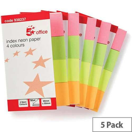 5 Star Office Index Flags Neon 20x50mm 50 Sheets per Colour Assorted  Pack 5