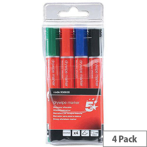 5 Star Office Drywipe Marker Xylene/Toluene-free Chisel Tip 2-5mm Line Assorted Wallet 4 5 Star Office Drywipe Marker Xylene/Toluene-free Chisel Tip 2-5mm Line Assorted Wallet 4