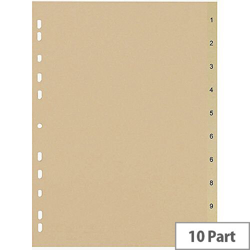 5 Star Eco File Divider Numbered Tabs 1-10 Recycled Manilla 11 Holes A4 Buff