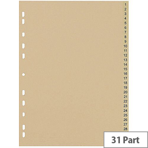 5 Star Eco File Divider Numbered Tabs 1-31 Recycled Manilla 11 Holes A4 Buff 5 Star Eco File Divider Numbered Tabs 1-31 Recycled Manilla 11 Holes A4 Buff