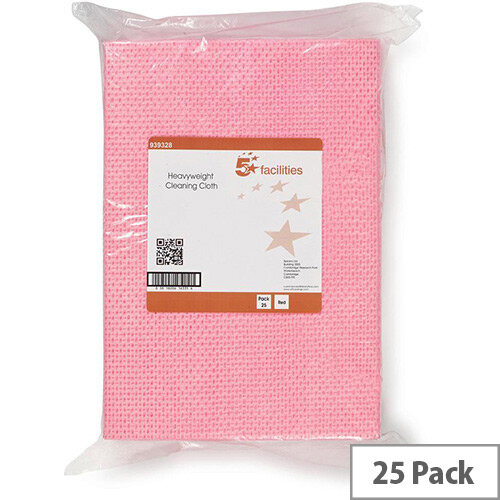 5 Star Facilities Pack of 25 Cloths AntiMicrobial HeavyDuty 76gsm 50x30cm Red