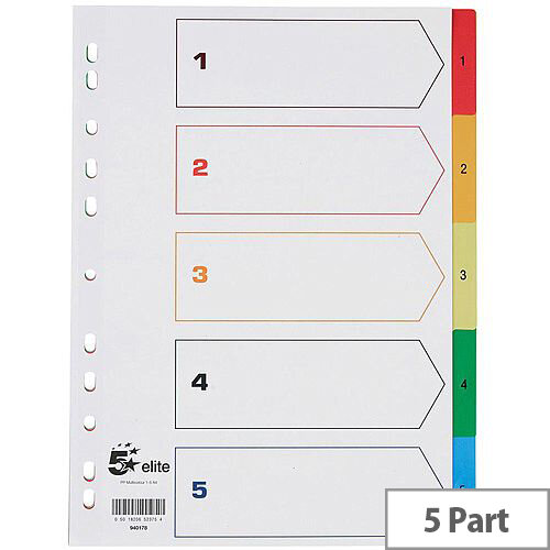 5 Star Elite A4 Index multicoloured Tabs Polypropylene 1-5 White 5 Star Elite A4 Index multicoloured Tabs Polypropylene 1-5 White