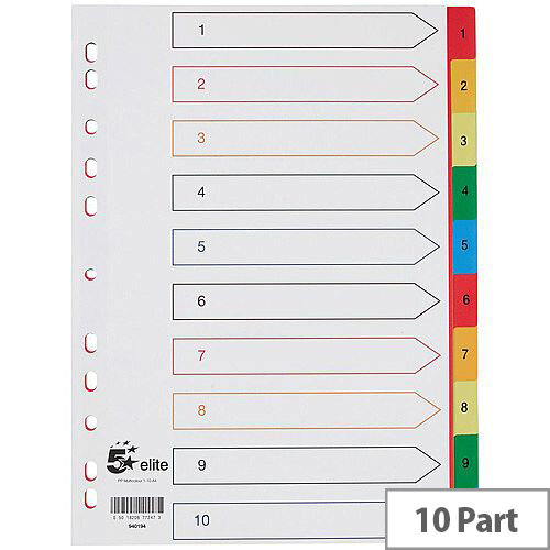 5 Star Elite A4 Index Multicoloured Tabs Polypropylene 1-10 White 5 Star Elite A4 Index Multicoloured Tabs Polypropylene 1-10 White