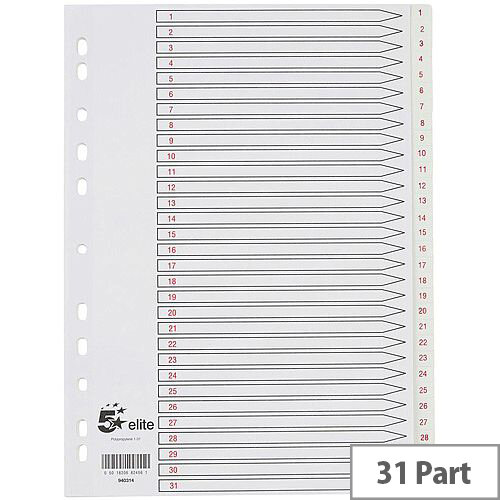 5 Star Elite A4 Premium Index White Tabs Polypropylene 1-31 White 5 Star Elite A4 Premium Index White Tabs Polypropylene 1-31 White