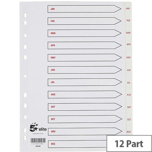5 Star Elite A4 Premium Index White Tabs Polypropylene January - December White 5 Star Elite A4 Premium Index White Tabs Polypropylene January - December White