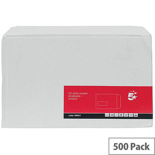 5 Star Office C5 Envelopes Pocket Self Seal Window 90gsm White Pack of 500 5 Star Office C5 Envelopes Pocket Self Seal Window 90gsm White Pack of 500