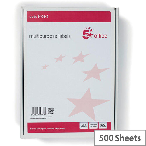 5 Star Office Multipurpose Labels Laser Copier Inkjet 14 Per Sheet 99x38mm White 7000 Labels Pack of 500 5 Star Office Multipurpose Labels Laser Copier Inkjet 14 Per Sheet 99x38mm White 7000 Labels Pack of 500