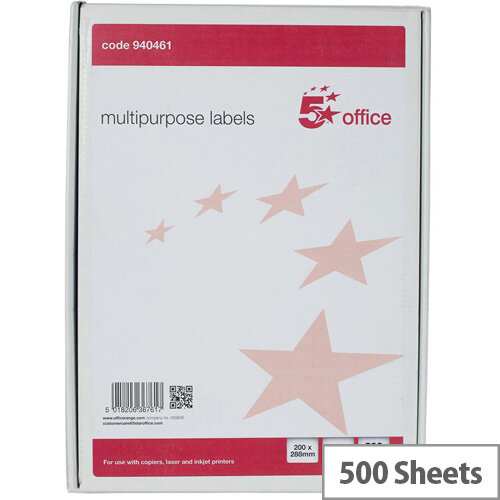 5 Star Office Multipurpose Labels Laser Copier Inkjet 1 Per Sheet 200x288mm White Pack of 500 5 Star Office Multipurpose Labels Laser Copier Inkjet 1 Per Sheet 200x288mm White Pack of 500