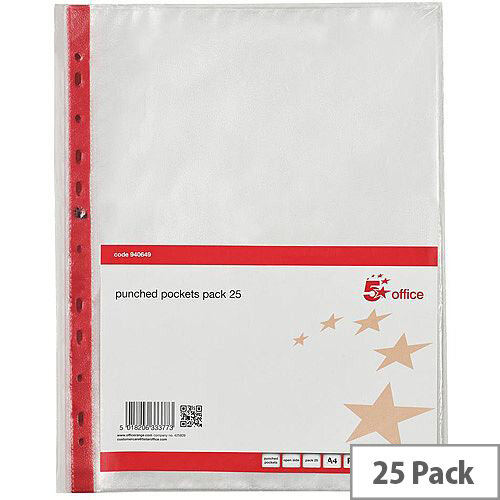 5 Star Office A4 PVC Top-Opening 75 Micron Expanding Punched Pocket Clear with Red Strip Pack of 25