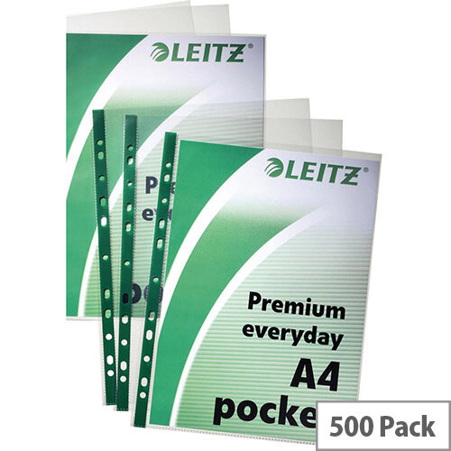 Leitz 47710002 A4 Pocket Multipunched Polypropylene with Green Strip Clear 80 Micron Pack of 100 x 5 Leitz 47710002 A4 Pocket Multipunched Polypropylene with Green Strip Clear 80 Micron Pack of 100 x 5