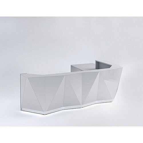 ALPA L Shaped Reception Desk with Silver Glass Front &Left Low Level Section W3967xD3135xH1100mm ALPA L Shaped Reception Desk with Silver Glass Front &Left Low Level Section W3967xD3135xH1100mm