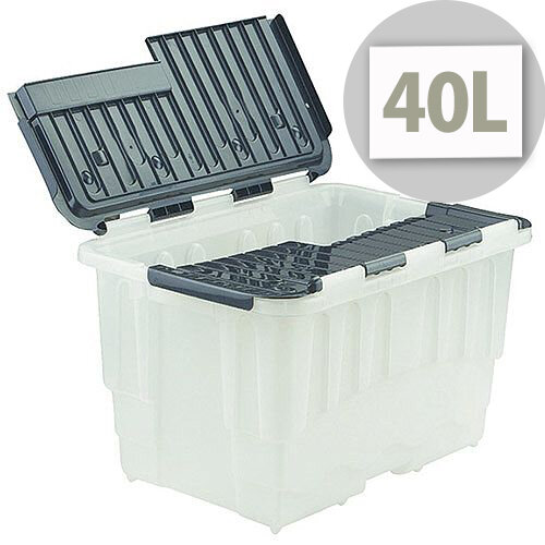 Strata Duracrate 40 Litres Storage Box with Hinged Folding Lid Clear with Black Lid