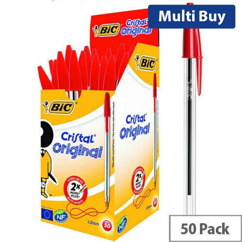 Bic Cristal Red Medium Ballpoint Pens Clear Barrel (Pack 50) 837361