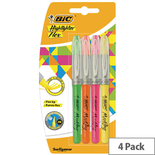 Bic Highlighter Flex Brush Tip Assorted Colours Pack of 4 942041