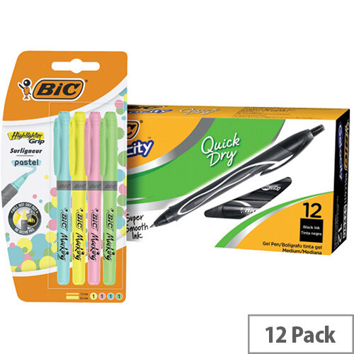 Bic Gel-ocity Quick Dry Pen Black Pack of 12 BC810748 FOC Bic Highlighter Grip Pastel Pack of 4 Bic Gel-ocity Quick Dry Pen Black Pack of 12 BC810748 FOC Bic Highlighter Grip Pastel Pack of 4