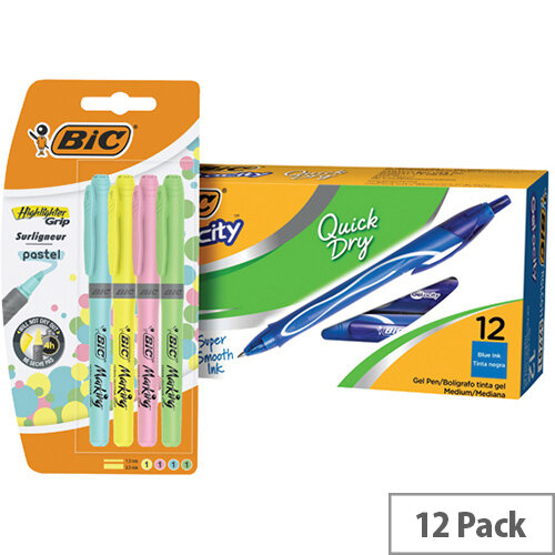 Bic Gel-ocity Quick Dry Pen Blue Pack of 12 BC810749 FOC Bic Highlighter Grip Pastel Pack of 4 Bic Gel-ocity Quick Dry Pen Blue Pack of 12 BC810749 FOC Bic Highlighter Grip Pastel Pack of 4
