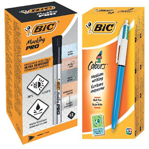 Bic 4 Colours Ballpoint Pen (Pack of 12) FOC Bic Marking PRO Permanent Markers Black Pk12 BC810750