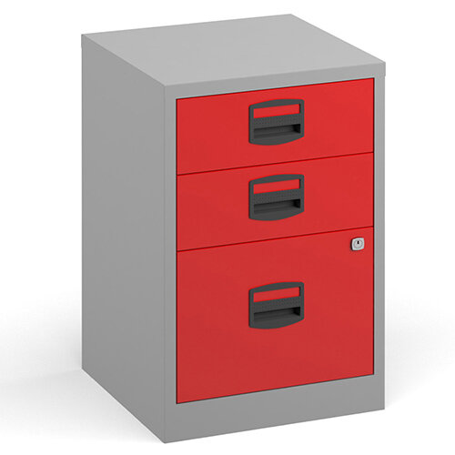 Bisley A4 Home Filer Steel Filing Cabinet With 3 Drawers - Grey With Red Drawers