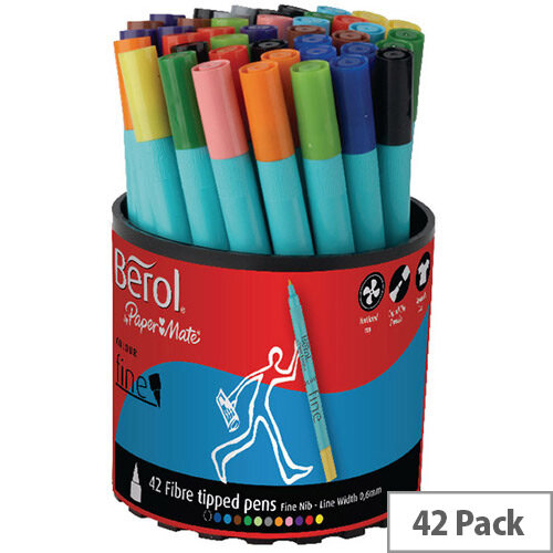 Berol Colourfine Pens Assorted Water Based Ink Tub of 42 CFT S0376490 Berol Colourfine Pens Assorted Water Based Ink Tub of 42 CFT S0376490