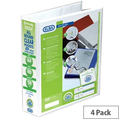 Elba Panorama Presentation Binder A4 4D-Ring 65mm White Pack of 4 400008673 Elba Panorama Presentation Binder A4 4D-Ring 65mm White Pack of 4 400008673