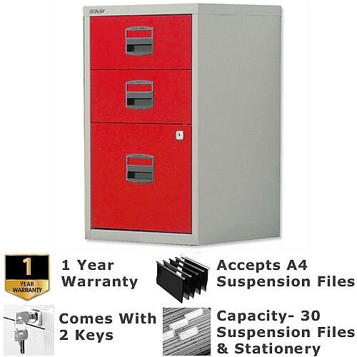 1 Filing & 2 Stationery Drawer A4 Steel Filing Cabinet Lockable Grey & Red Bisley PFA Home Filers