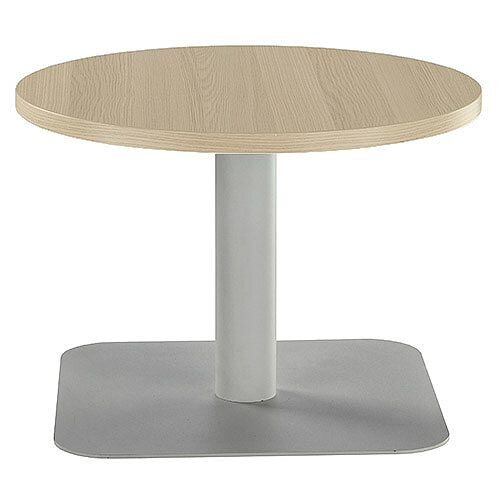 ONE Round 600mm Reception Coffee Table Grey Oak With Silver Square Base