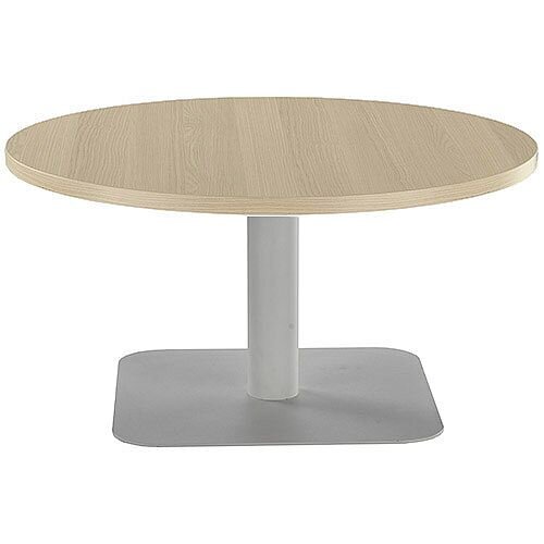 ONE Round 800mm Reception Coffee Table Grey Oak With Silver Square Base