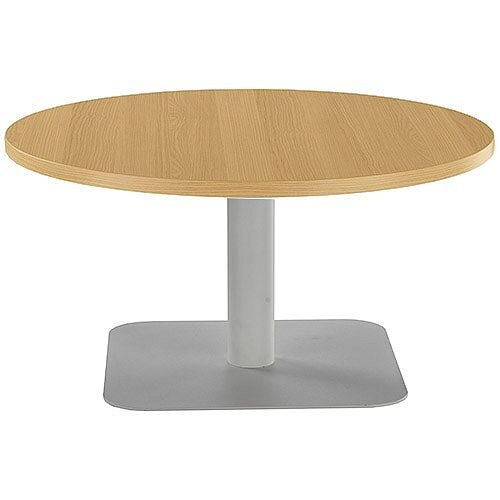 ONE Round 800mm Reception Coffee Table Oak With Silver Square Base ONE Round 800mm Reception Coffee Table Oak With Silver Square Base