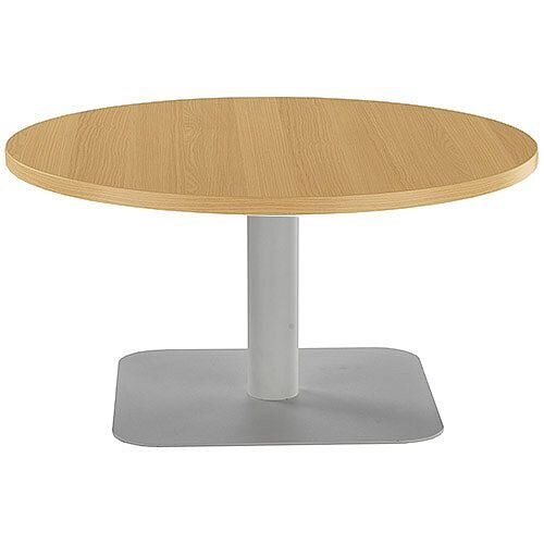 ONE Round 800mm Reception Coffee Table Oak With Silver Square Base