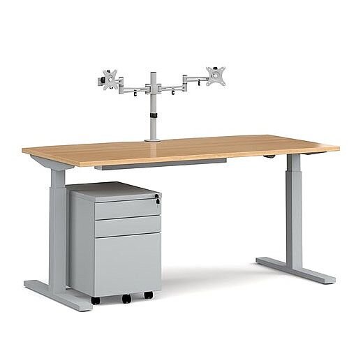 Elev8 Mono Straight Electric Height Adjustable Rectangular Sit Stand Desk with Scallop Cut Out 1600mm Beech Top Silver Frame With Double Monitor Arm Steel Pedestal And Cable Tray