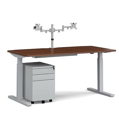 Elev8 Mono Straight Electric Height Adjustable Rectangular Sit Stand Desk with Scallop Cut Out 1600mm Walnut Top Silver Frame With Double Monitor Arm Steel Pedestal And Cable Tray