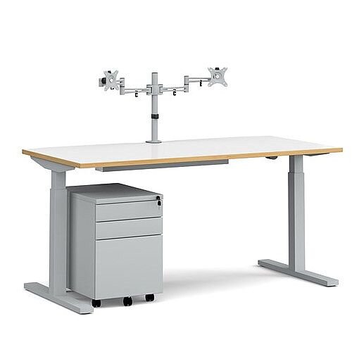 Elev8 Mono straight sit-stand desk 1600mm - silver frame, white top with oak edge with matching double monitor arm, steel pedestal and cable tray Elev8 Mono straight sit-stand desk 1600mm - silver frame, white top with oak edge with matching double monitor arm, steel pedestal and cable tray