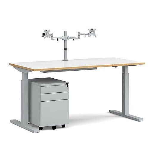 Elev8 Mono Straight Electric Height Adjustable Rectangular Sit Stand Desk with Scallop Cut Out 1600mm White Top With Oak Edge Silver Frame With Double Monitor Arm Steel Pedestal And Cable Tray