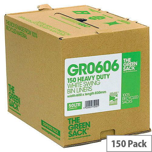 The Green Sack Pack of 150 White Swing Bin Liners in Dispenser - 50L 