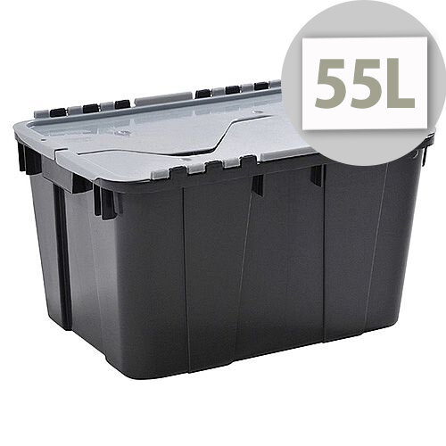 Curver 55L Storage Box - Graphite Colour with Silver Lid - Shatterproof Crate