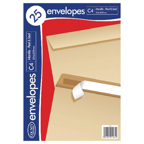 County Stationery C4 25 Manilla Peal and Seal Envelopes Pack of 20 C507