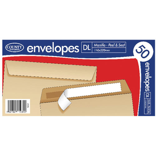 County Stationery DL Manilla Peal and Seal Envelopes 80gsm Pack of 1000 C520