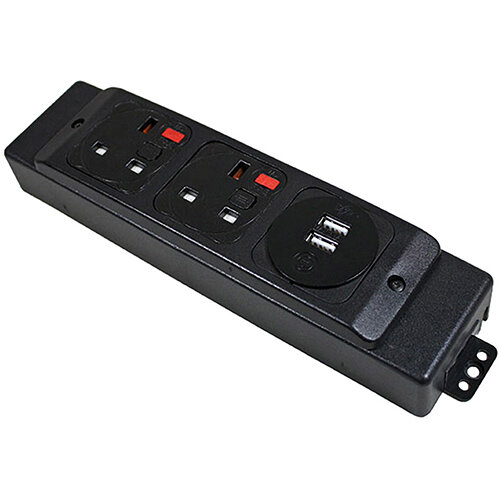 Under desk power bar 2 x UK sockets, 1 x twin USB fast charge - black Under desk power bar 2 x UK sockets, 1 x twin USB fast charge - black