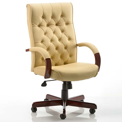 Chesterfield Traditional Executive Office Chair - Cream Leather Seat & Back - Fixed Wooden Padded Arms - Wooden 5 Star Castor Base - Weight Tolerance: 110Kg